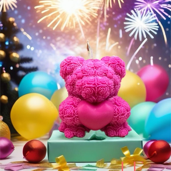 2 Charming Pink Rose Bear Candle for Celebrations - Picture 1 of 4
